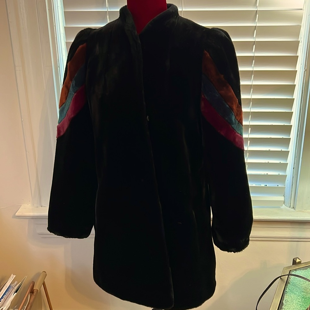 Faux mink coat with tri color detail on sleeve
